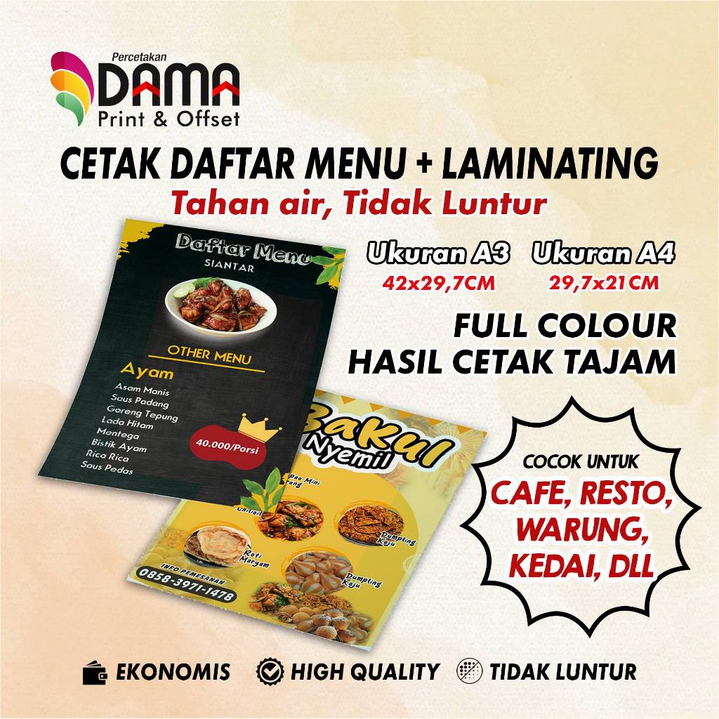 Cetak Daftar Menu | Menu Makanan Custom | Menu Minuman | Laminating