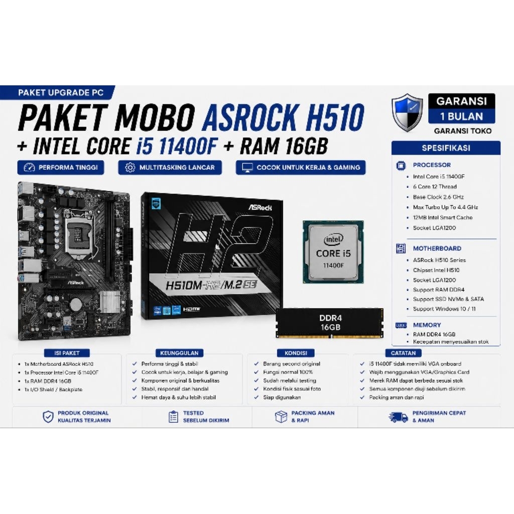 PAKET MOBO ASROCK H510 + I5 11400F + RAM 16GB