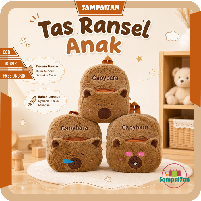 Tas Ransel Anak Capybara Mini Fluffy Lucu Backpack Anak Sekolah PAUD TK Ngaji Les TERBARU T333