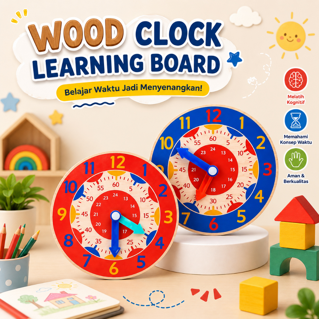 [MK902] Jam Mainan Anak Belajar Jam kayu Shape Shorting Clock Wooden