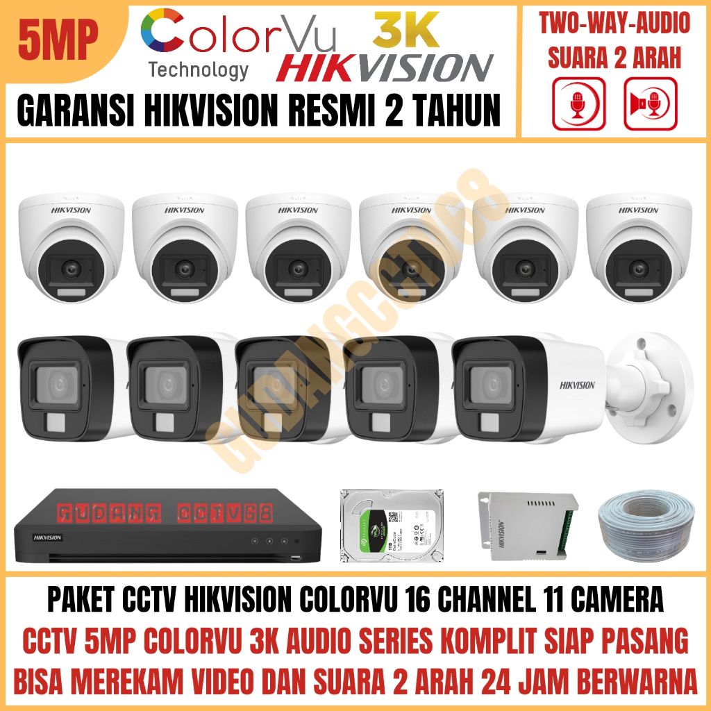 Paket CCTV HIKVISION COLORVU 16 Channel 11 Camera 5MP 3K Full Colour AUDIO TWO WAY Komunikasi 2 ARAH