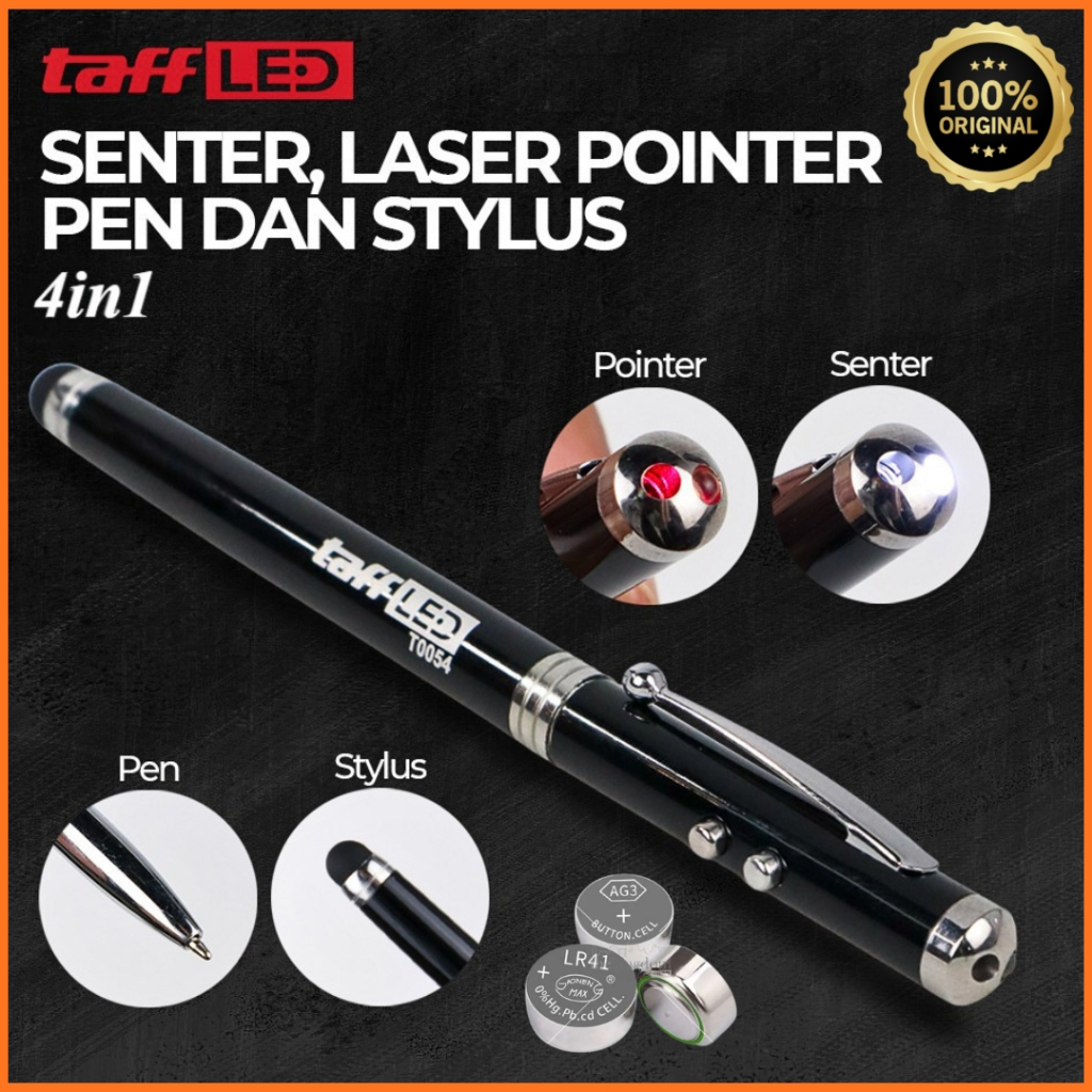 TaffLED 4in1 Pulpen Senter Laser Pointer Presentasi Warna Merah Pen dan Stylus Tinta Hitam - T0054