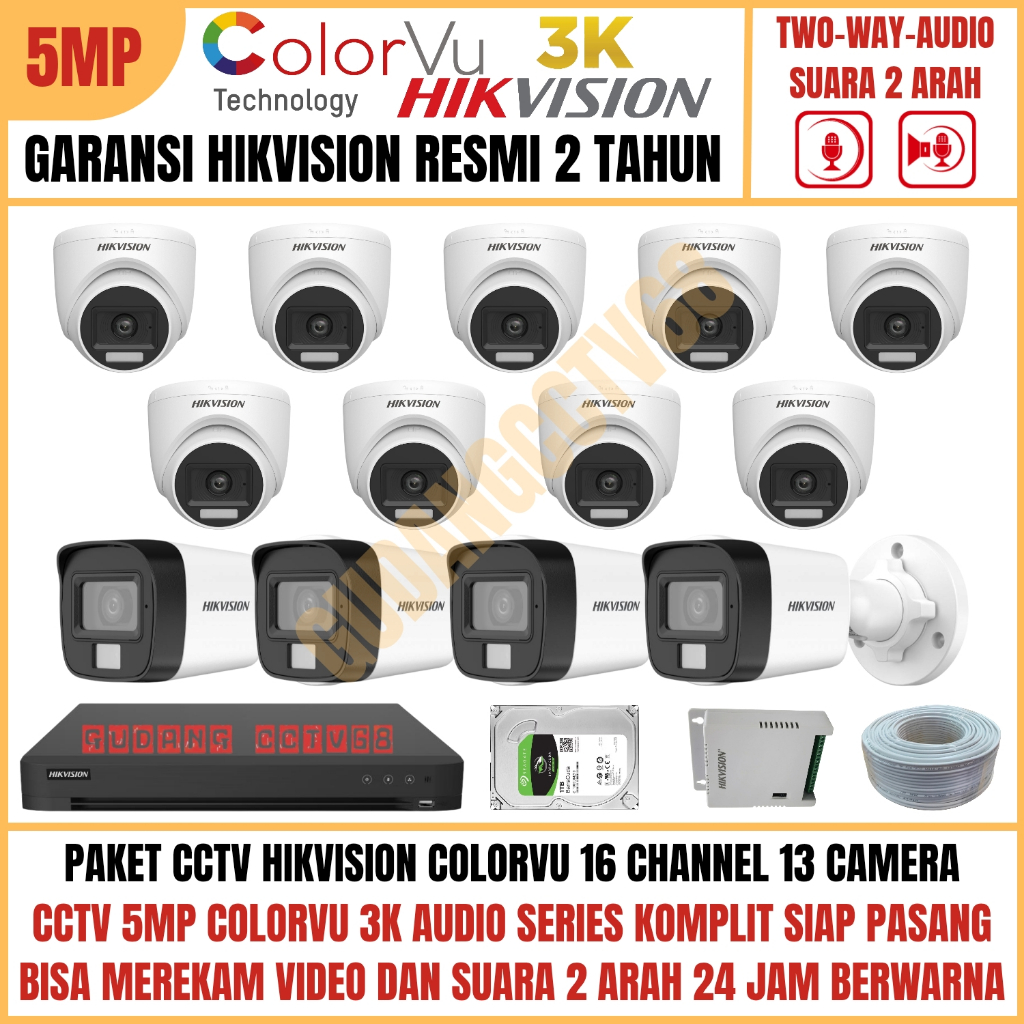 Paket CCTV HIKVISION COLORVU 16 Channel 13 Camera 5MP 3K Full Colour AUDIO TWO WAY Komunikasi 2 ARAH