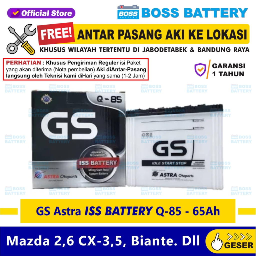Aki GS Q-85 65Ah-12V GS Astra MF ISS Q85 Aki mobil Mazda 2 Sky Active CX-3 Biante dengan fitur ISS d