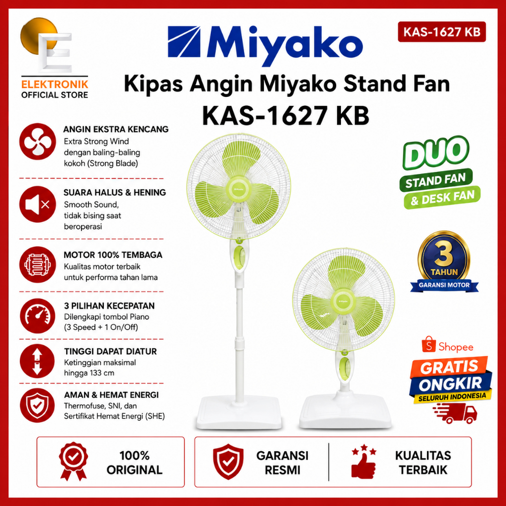 MIYAKO KIPAS ANGIN KAS 1627KB STAND FAN/KAS1627/KAS 1627/KAS-1627KB/KIPAS ANGIN BERDIRI/KIPAS ANGIN 
