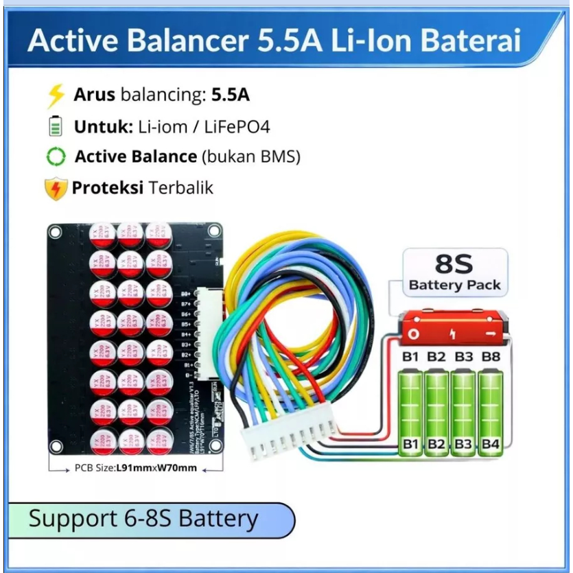 Active Balancer 5.5A 6S 7S 8S Li-ion LiFePO4 Penyeimbang Baterai