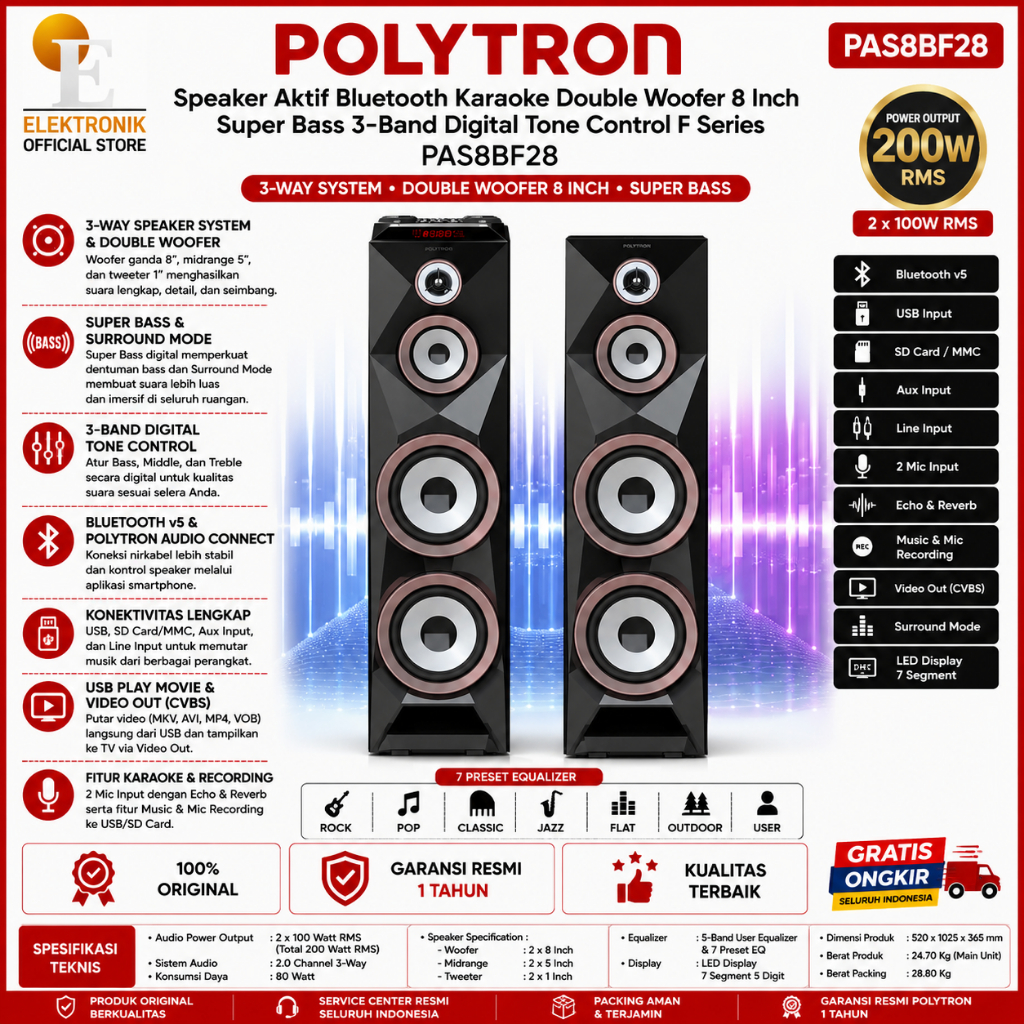 Polytron PAS8BF28 Speaker Aktif Bluetooth Karaoke Double Woofer 8 Inch Super Bass 3-Band Digital Ton