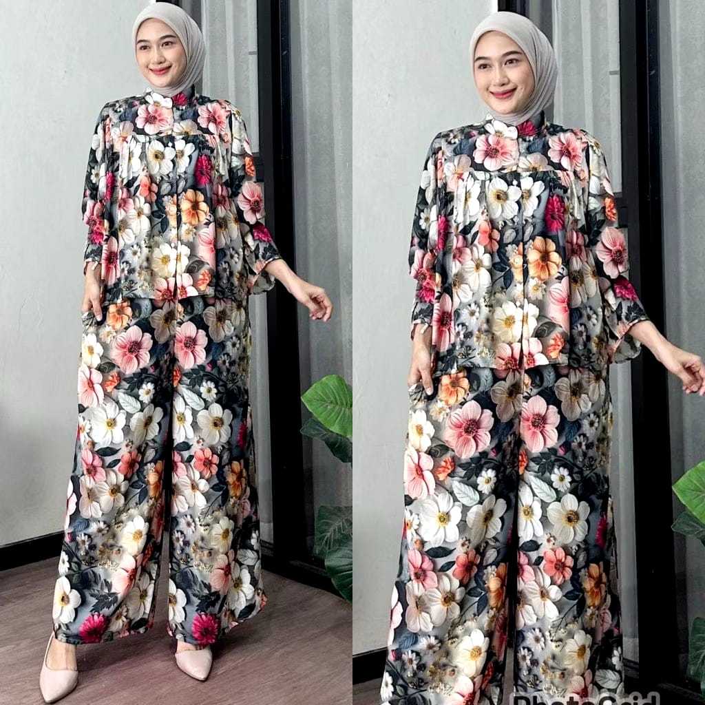 Nona Set / Setelan Rayon Premium Motif Bunga / Setelan Wanita Kulot Jumbo