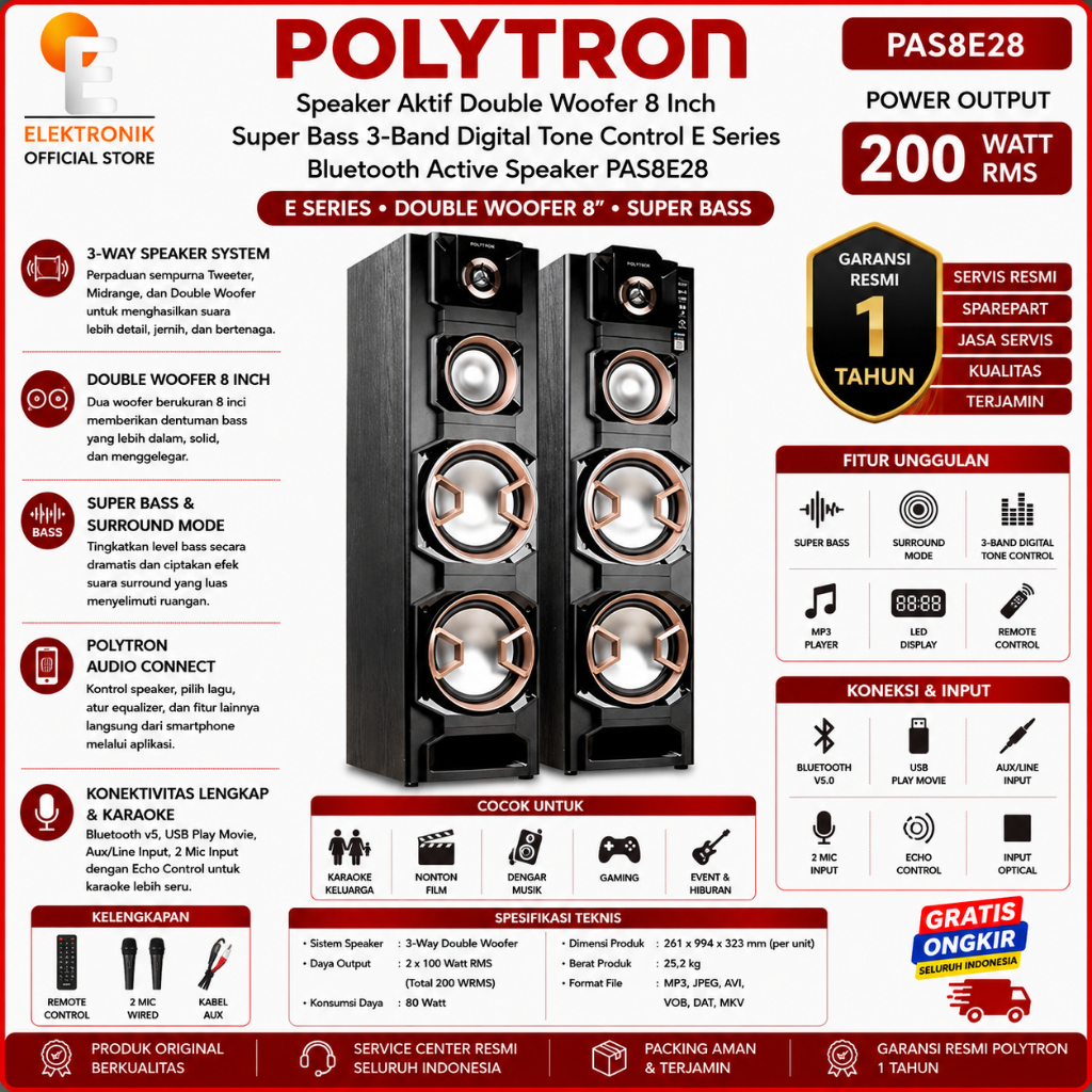 Polytron PAS8E28 Speaker Aktif Double Woofer 8 Inch Super Bass 3-Band Digital Tone Control E Series 