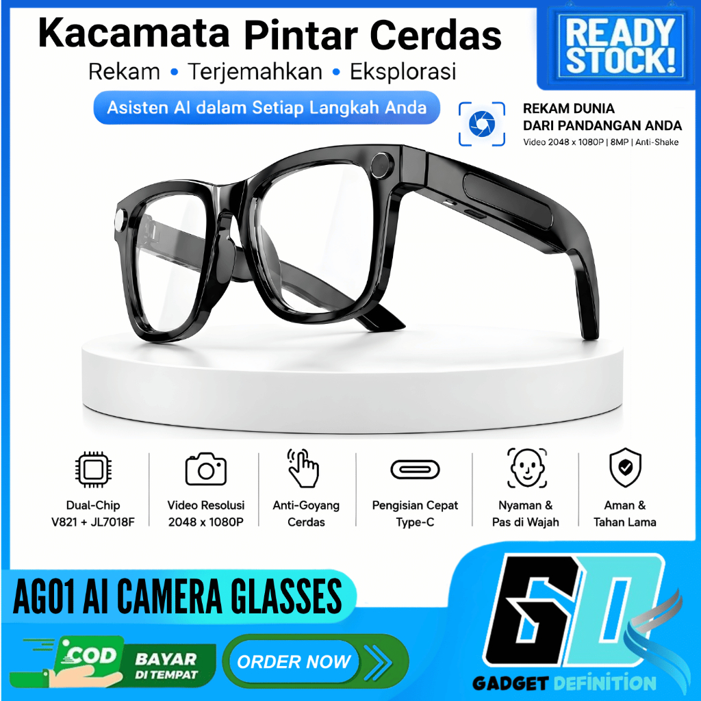 AG01 Kacamata Pintar AI Bluetooth 5.4 Kamera Video Smart Glasses Bluetooth Kacamata Kamera