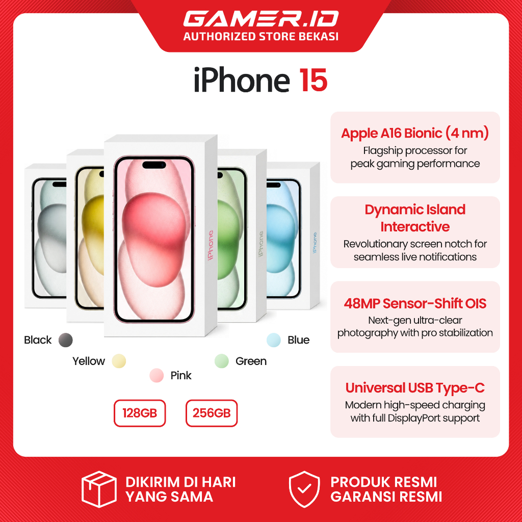 Apple iPhone 15 6GB RAM 128GB 256GB A16 Bionic 48MP TAM Digimap GDN Garansi Resmi Indonesia