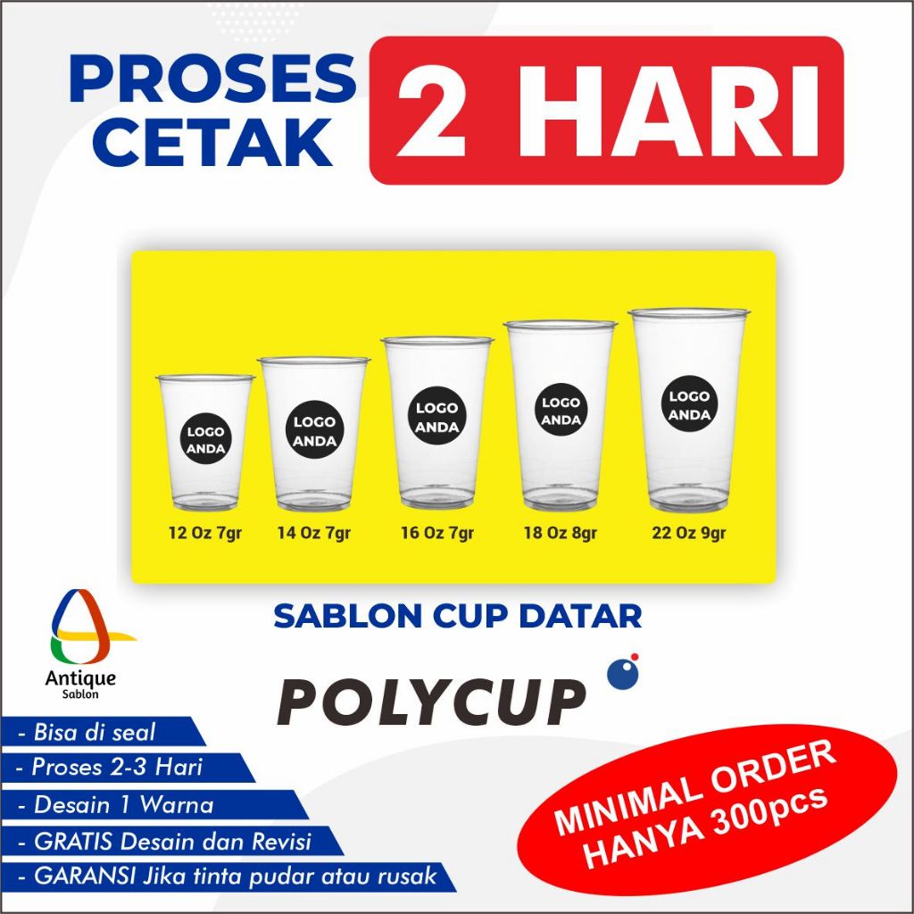 Sablon Cup Datar POLYCUP Gelas Packaging Plastik PP Custom 12 Oz, 14 Oz, 16 Oz, 18 Oz, 22 Oz Tebal 7