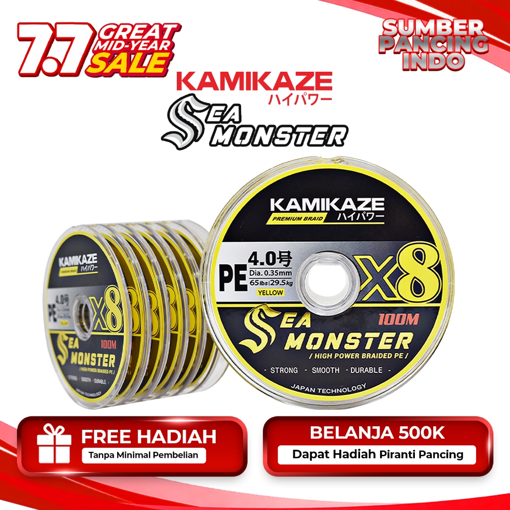 KAMIKAZE Senar Pancing PE SEA MONSTER X8 YELLOW Connecting 6roll Premium Braid Japan Technology Sena