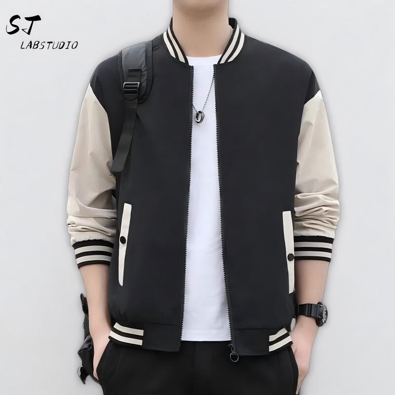 ST.LAB STUDIO Jaket Baseball Pria Ukuran Besar Kerah Tegak Lengan Panjang Kasual