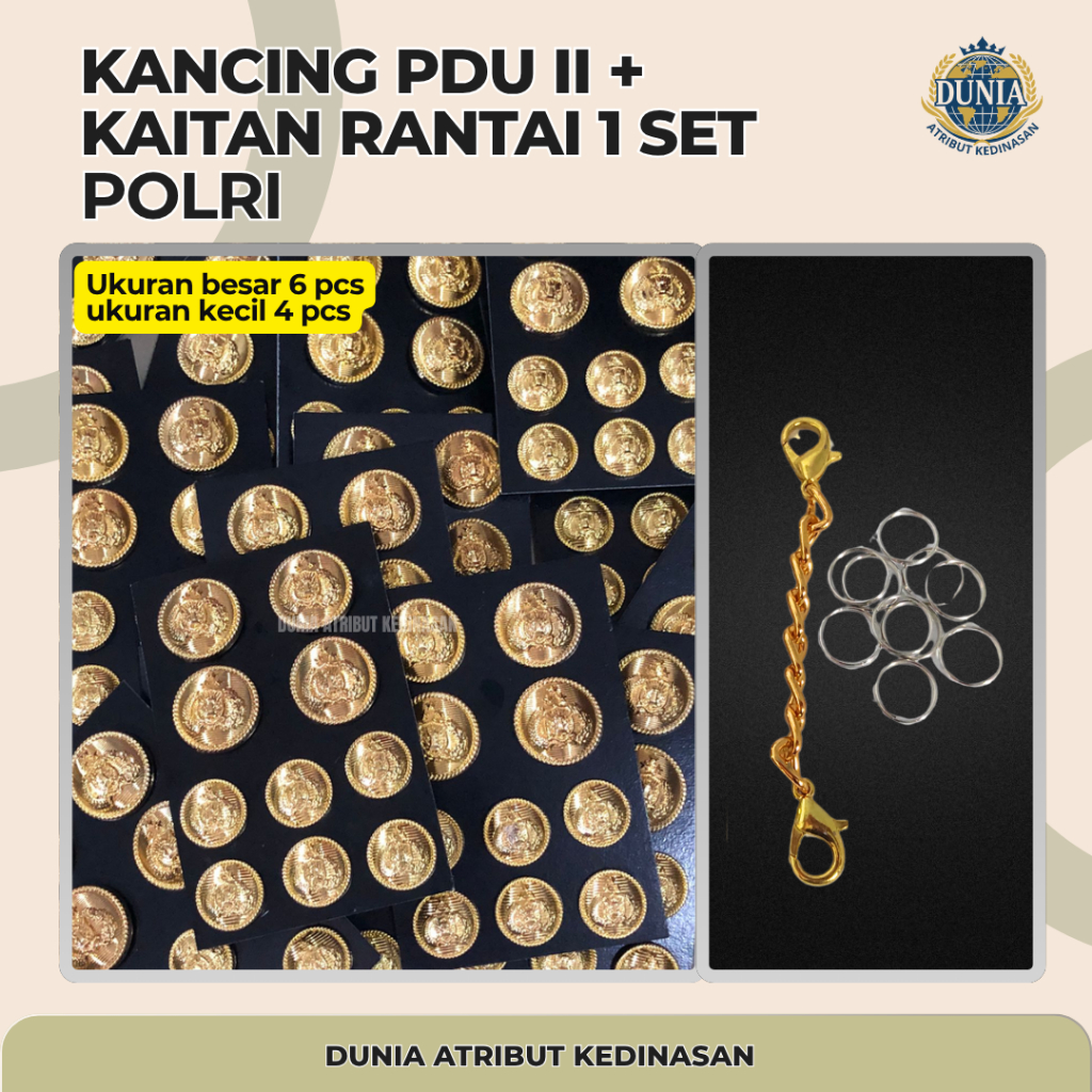 kancing PDU II POLRI (6 kancing besar | 4 kancing kecil)  + Kaitan Rantai 1 set