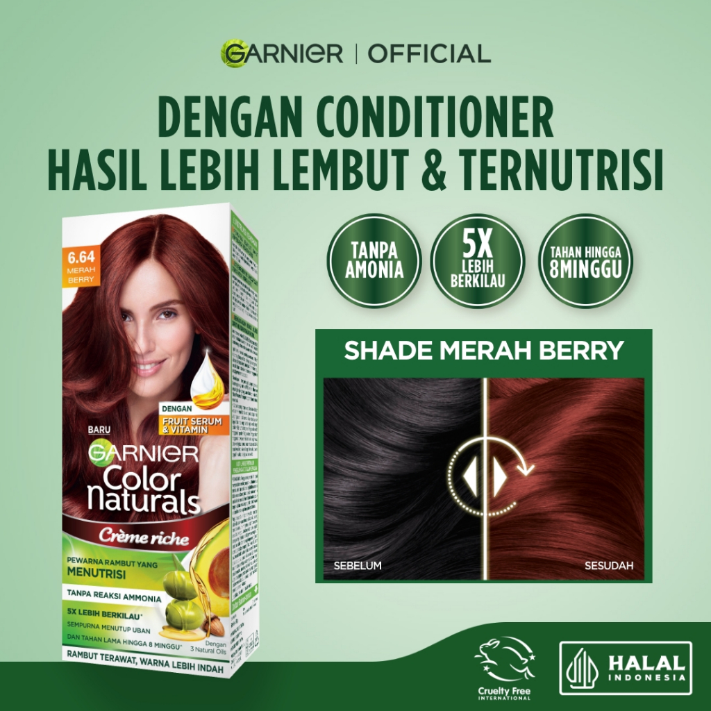 GARNIER Hair Colour Pewarna Rambut Permanen Big Kit 105ml #6.64 Merah Berry | Cat Rambut Tanpa Amoni