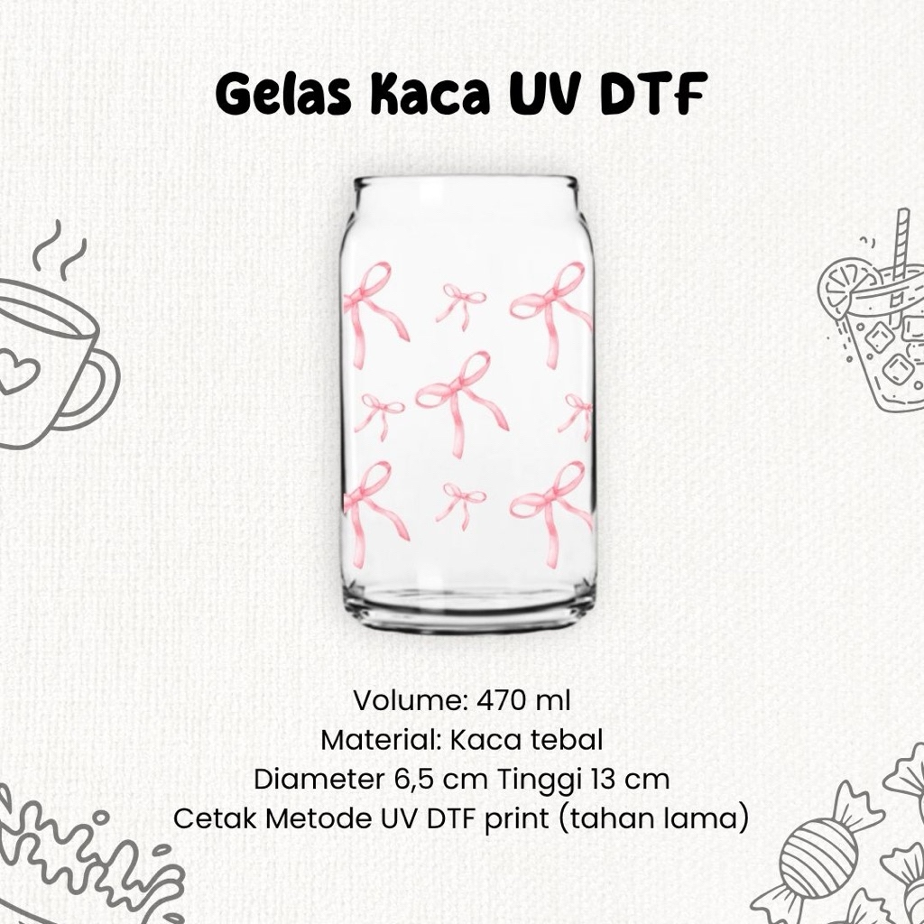 Gelas Kaca Aestethic Gift Souvenir Custom Motif Print UV DTF