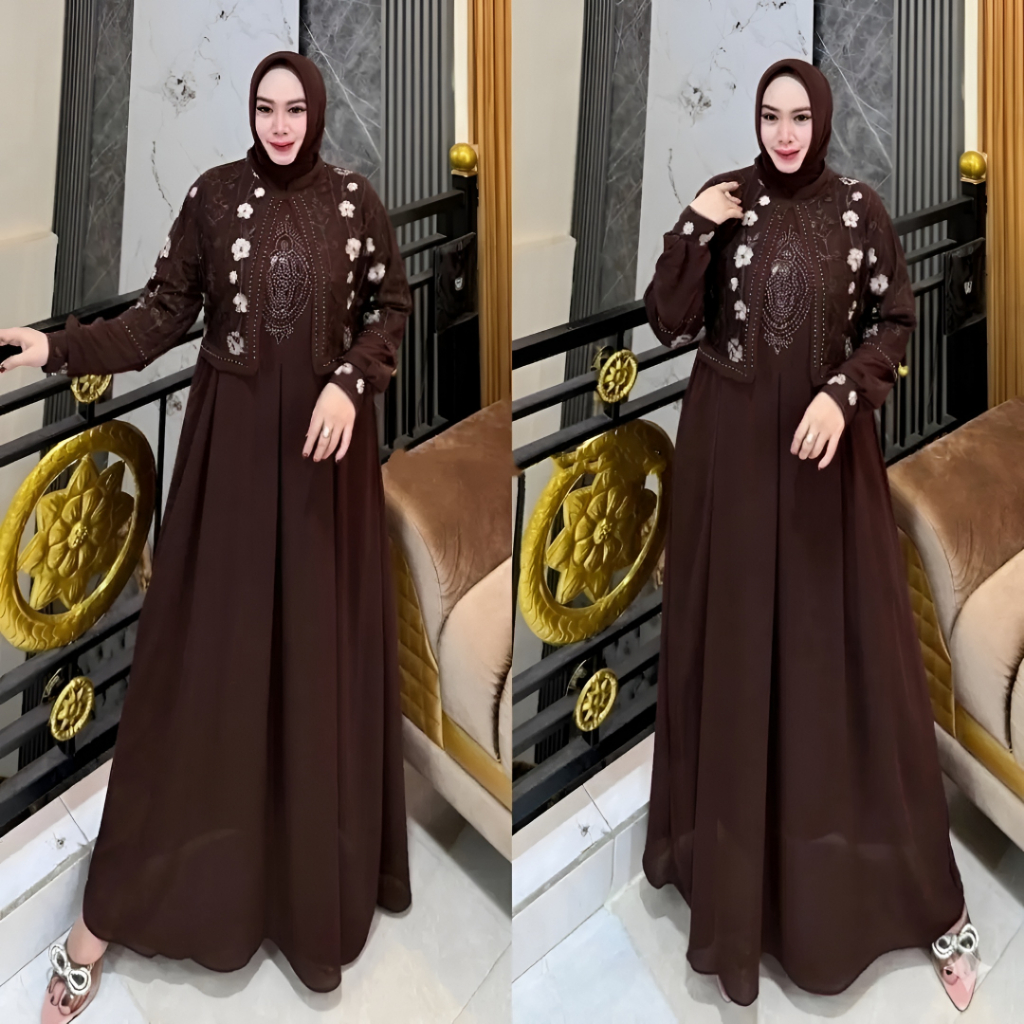 Gamis Outer Brokat Payet Mutiara Dress Gamis Ceruty Babydoll Premium Baju Kondangan Pesta Elegan Sya