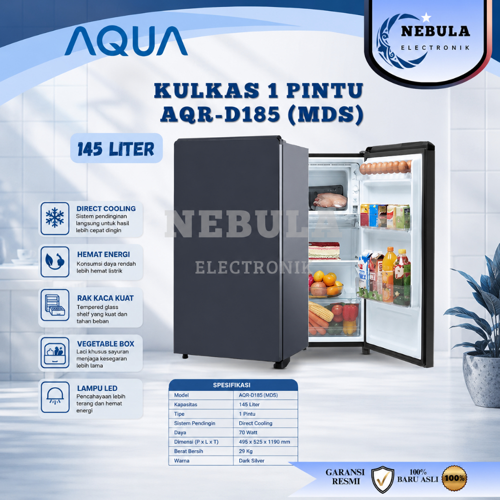 KULKAS AQUA 1 PINTU AQR-185MDS 145 LITER/LEMARI ES 1 PINTU AQUA/LEMARI ES AQUA 1 PINTU