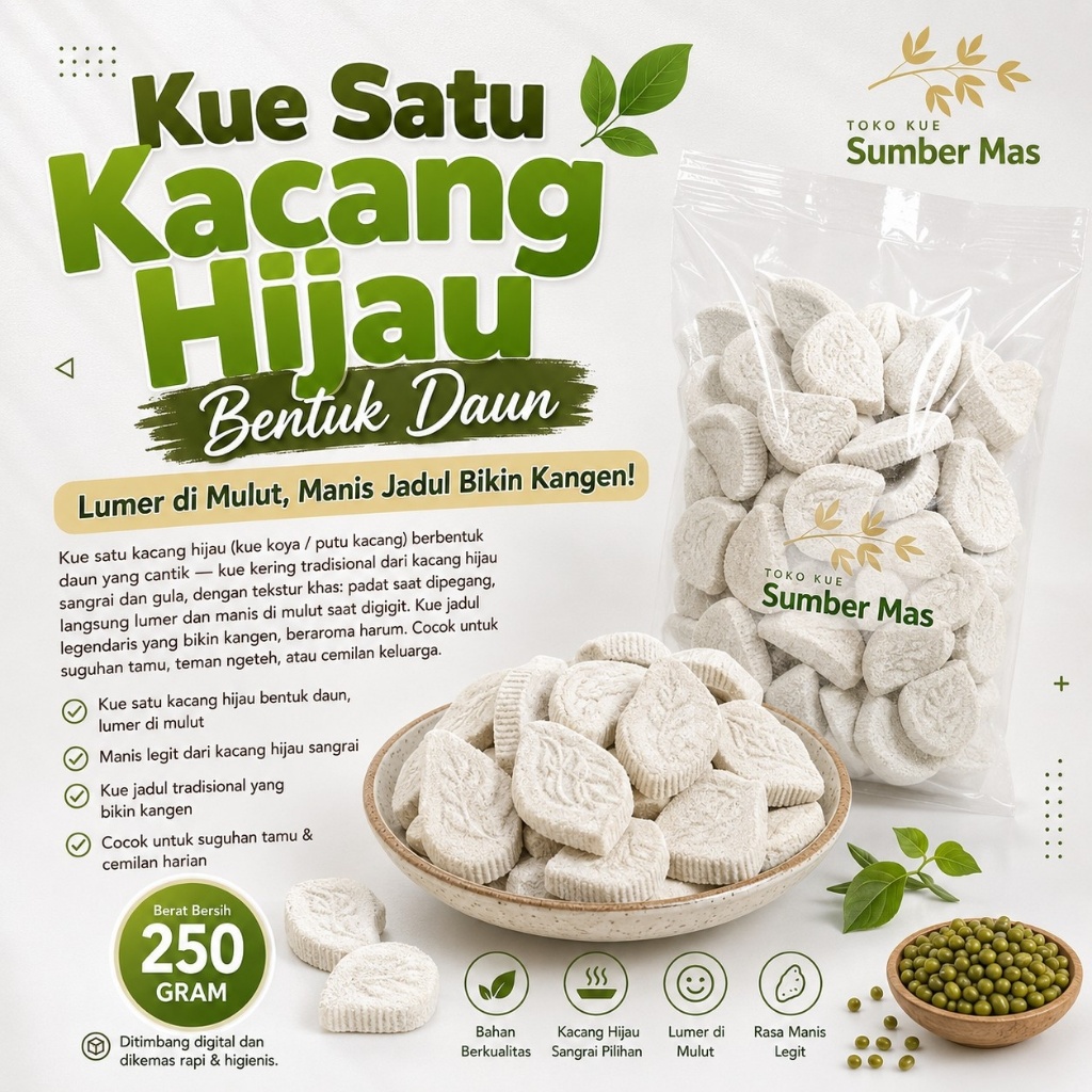 Kue Satu Kacang Hijau 250gr - Kue Koya Putu Kacang Ijo Bentuk Daun Lumer Manis
