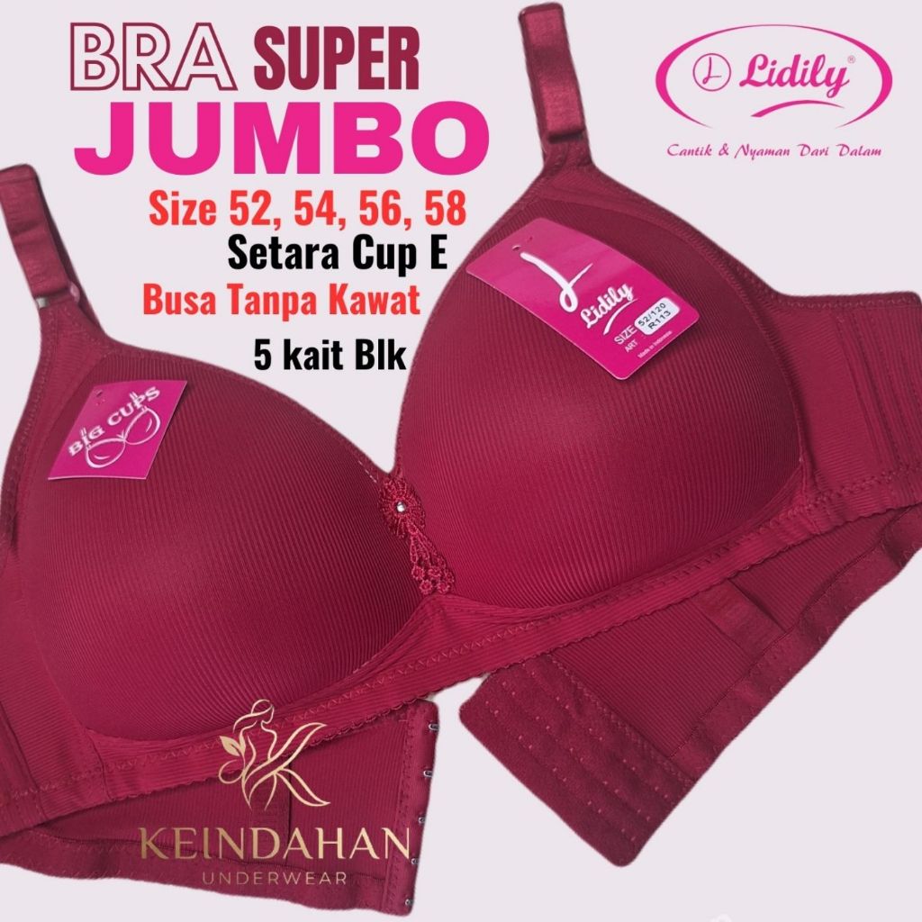 Bra Jumbo Lidily Cup E 52 54 56 58 Tanpa Kawat Busa Tipis Kait 5