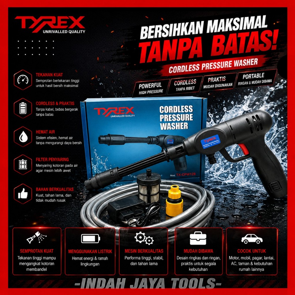 TYREX TX-CPW128 Cordless Jet Cleaner Mesin Cuci Motor Steam AC Baterai