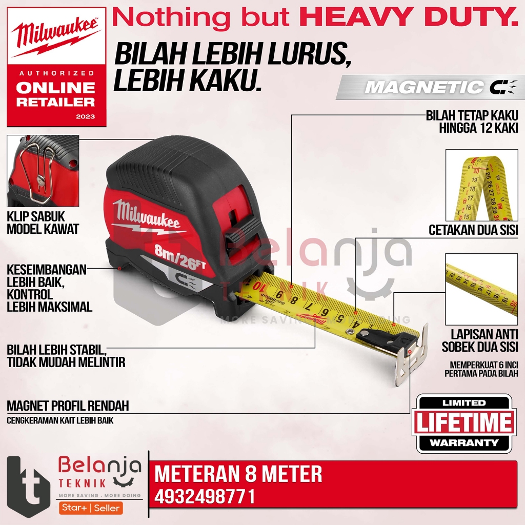 Milwaukee Alat Ukur Meteran 8 Meter Compact Magnetic Type Autolock Tape Measure 8M