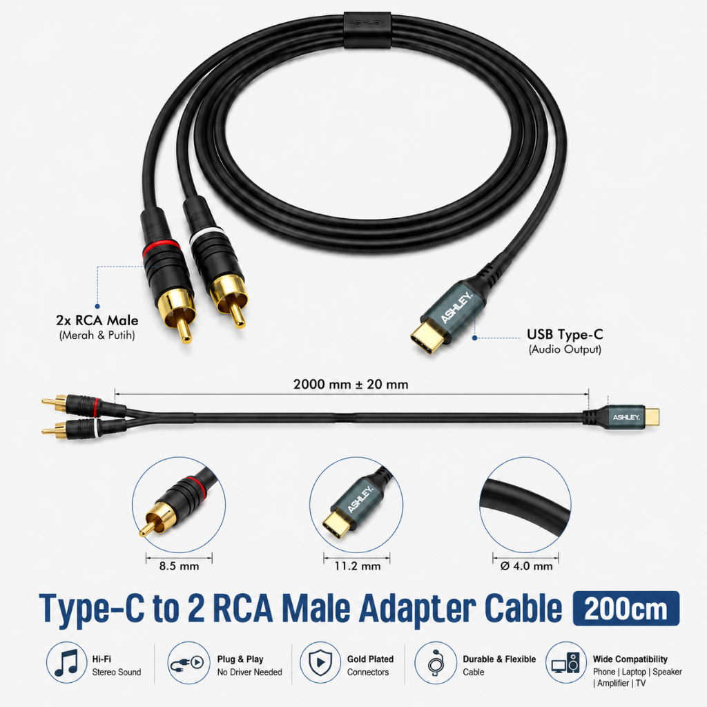 Kabel Audio Ashley Type C to 2 RCA Male Original Converter USB C ke RCA Merah Putih Stereo HP Laptop