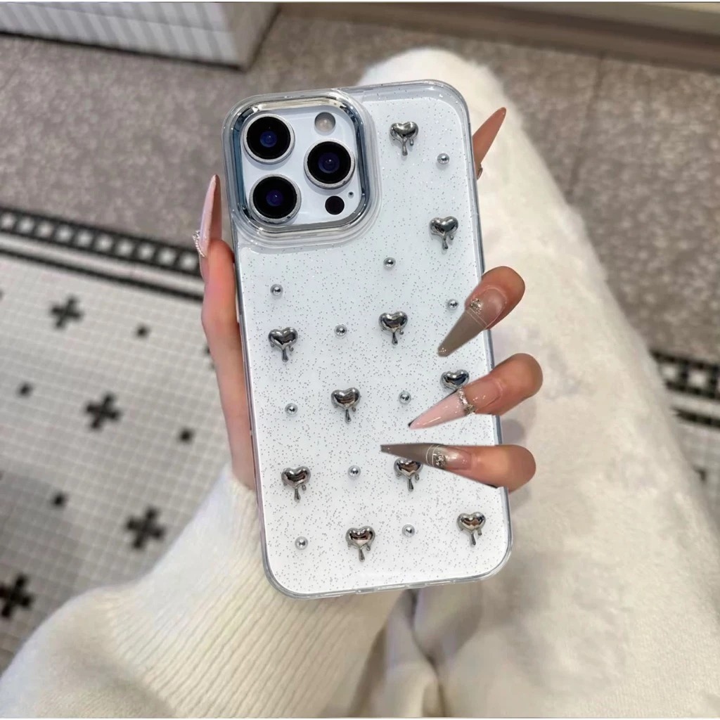 Case LUX 3D Silver 4 Motif Clear Glitter - Hardcase/Case Hp For ALL Type iPhone & Android  - Metalic