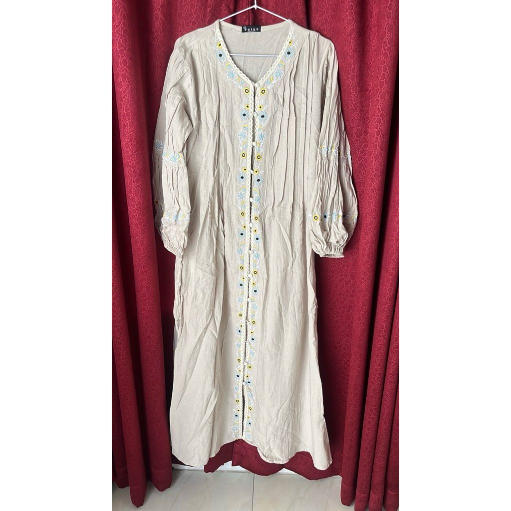 PRELOVED like new Gamis katun linen bordir by fatun hijab outfit