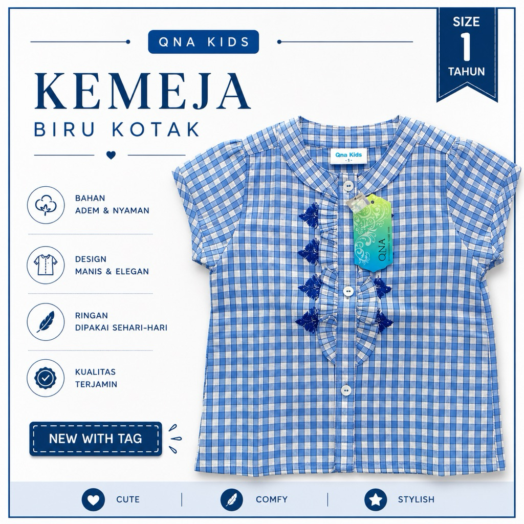 Kemeja Anak Perempuan Kotak Biru QNA Kids Size 1 Tahun | New With Tag