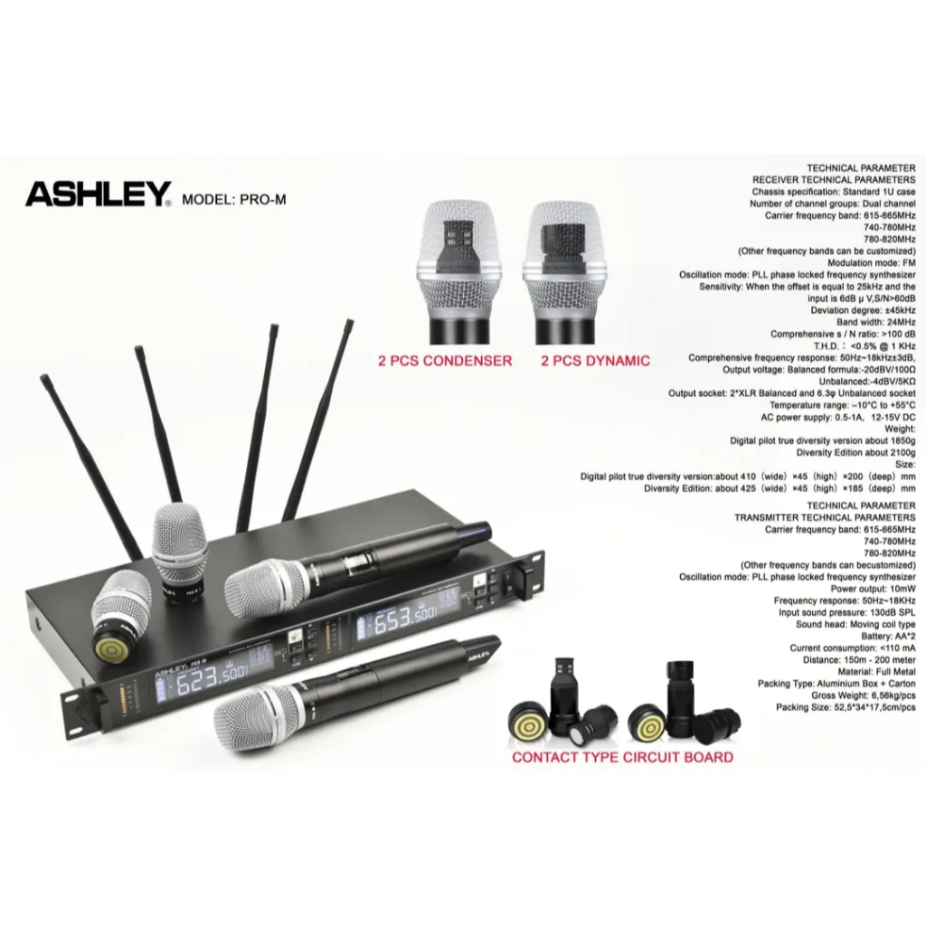 ASHLEY PRO‑M Wireless Microphone UHF Dual Channel – Mic Kondensor & Dynamic Profesional Full Metal