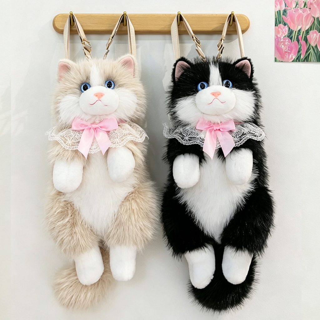 Tas Ransel Kucing Bulu Realistis dengan Pita Leher Premium Free Sisir Tas Ransel Kucing Cute 2 Warna