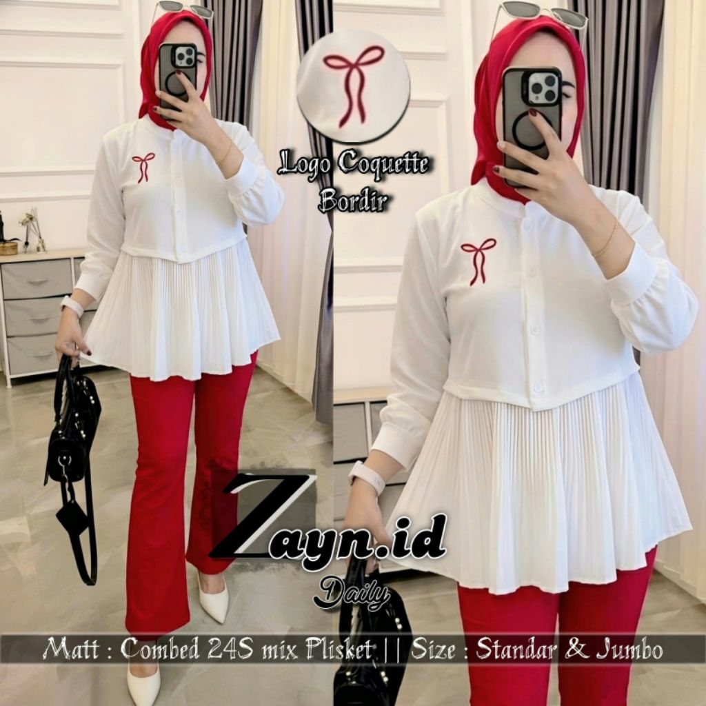 Atasan Merah Putih Kemeja/Blouse/kaos plisket/Atasan Pleated/Atasan Plisket  aplikasi Bordir ootd da