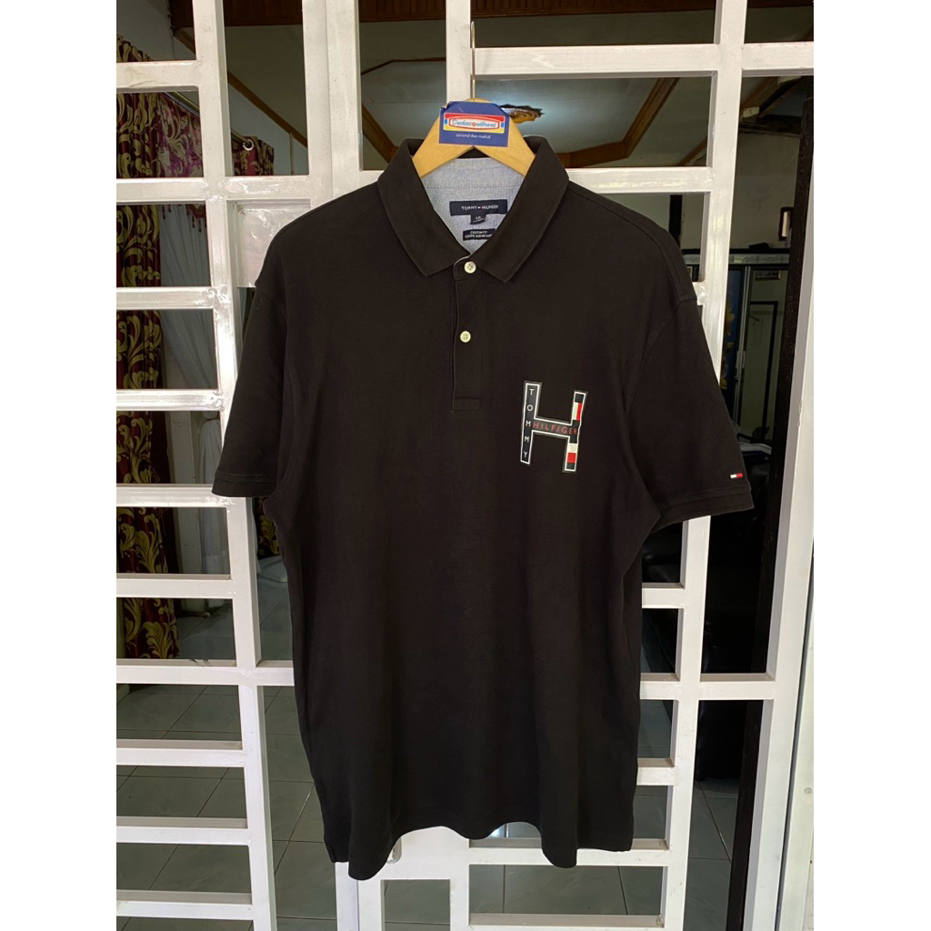 kaos kerah polo poloshirt atasan pria cowok laki laki Casual Tommy hilfiger hitam logo H second