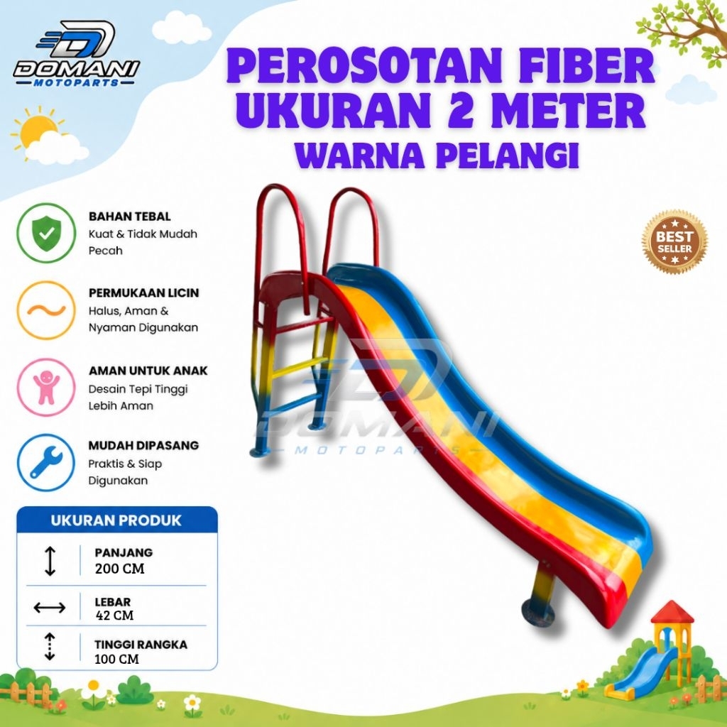 Perosotan Taman Bermain Perosotan Anak Fiber Pelangi 2 Meter + Rangka | Perosotan TK PAUD Playground