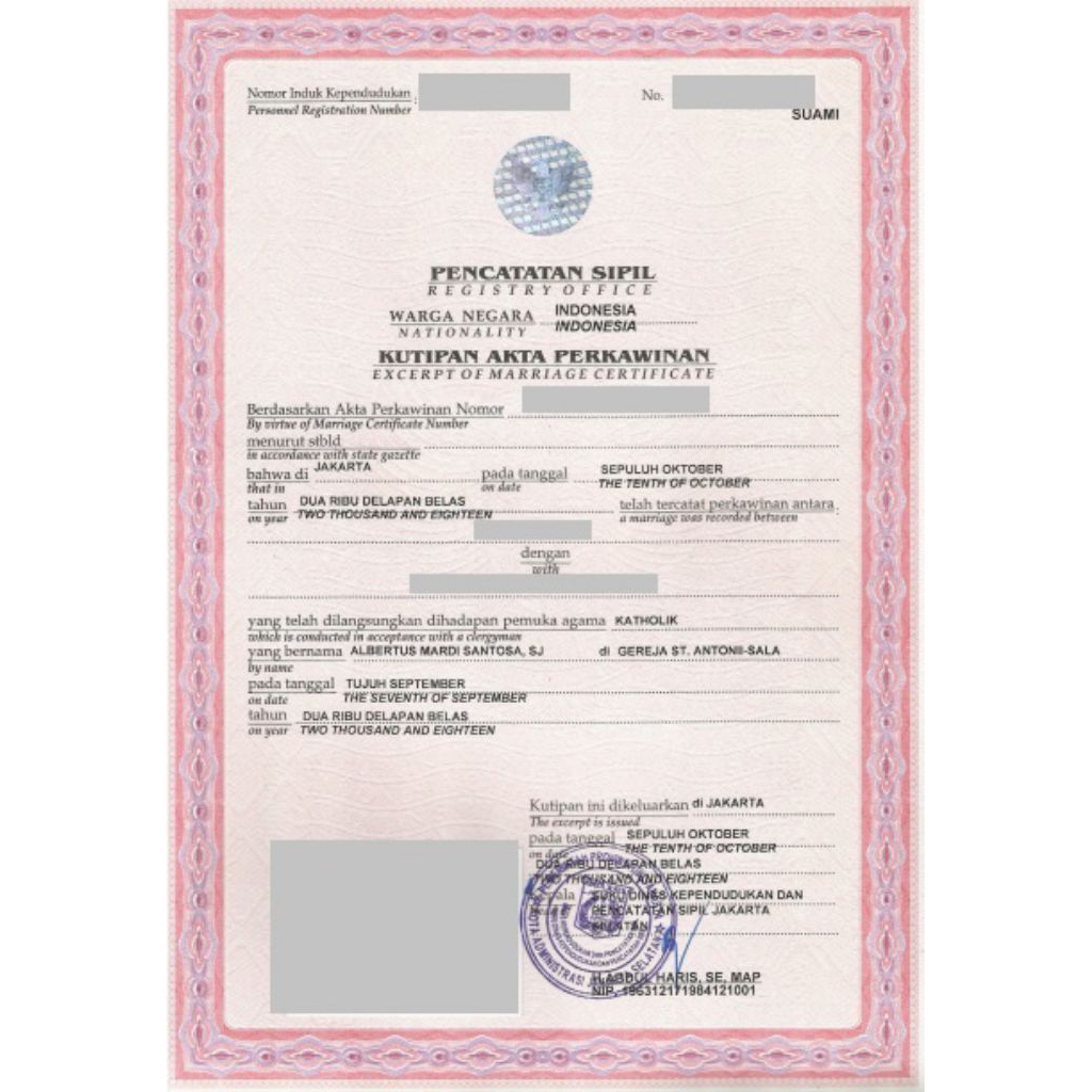 (1 HARI JADI) KUTIPAN AKTA PERKAWINAN DAN PERCERAIAN u/ Approval Visa Luar Negeri