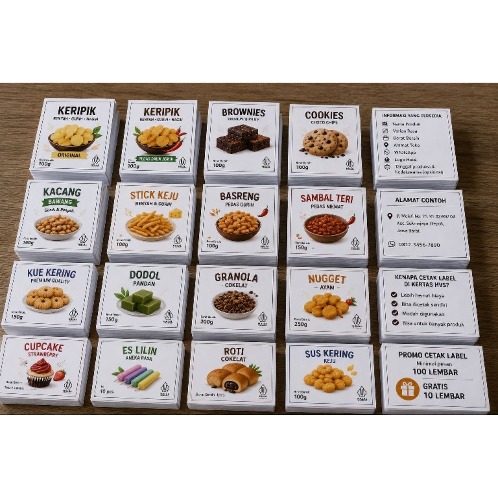 Jasa Desain Label Stiker Makanan Custom | Cetak Label Kertas HVS | Label Keripik, Snack, Frozen Food