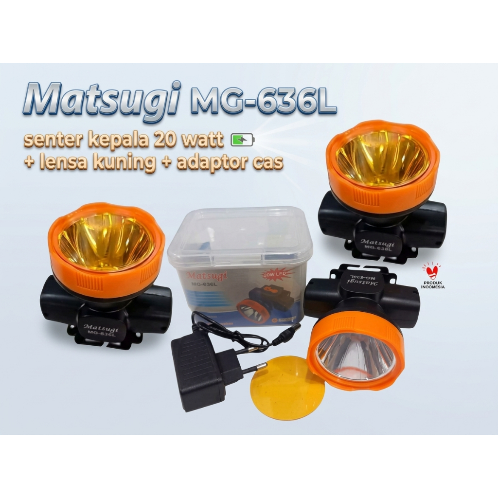 head lamp 20w di jamin terang Matsugi MG-636L lensa kuning adaptor cas senter kepala camping