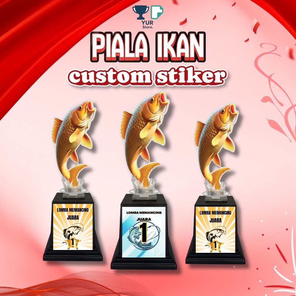 Piala Mancing Akrilik Motif Ikan Mas Sticker Custom Hadiah Lomba Mancing omba Ikan hias