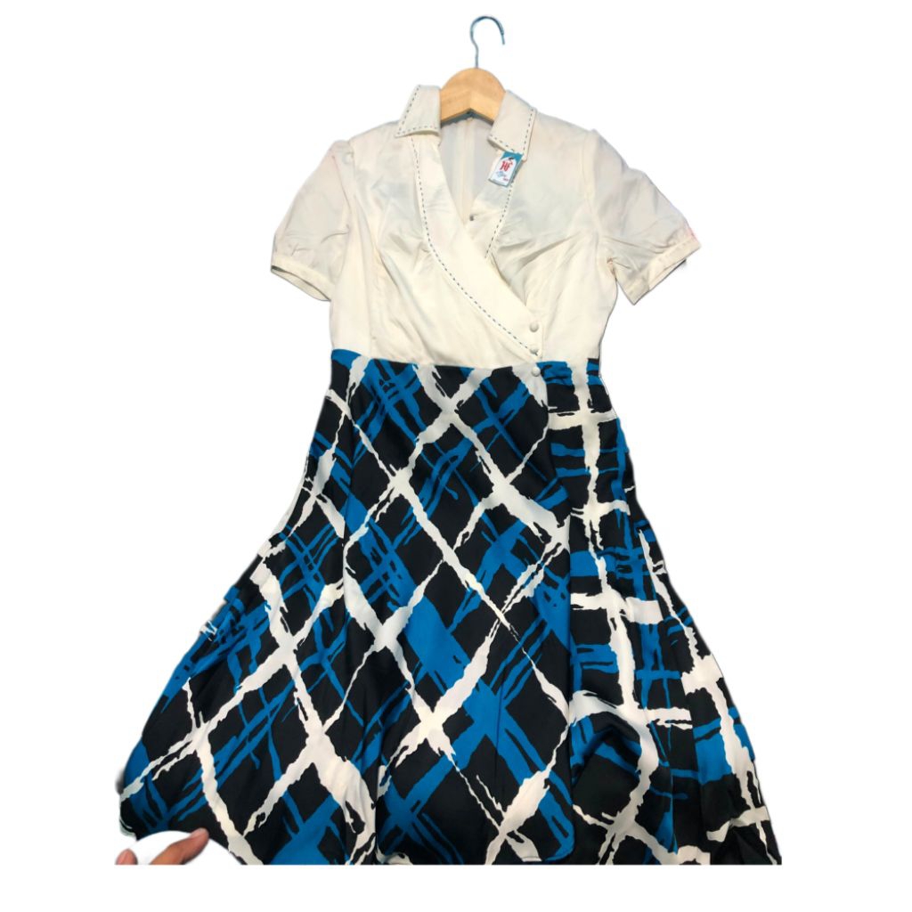 Dress Midi Wanita Motif Abstrak Biru Putih | Wrap Dress Kerah | Vintage | Casual Semi Formal | Thrif