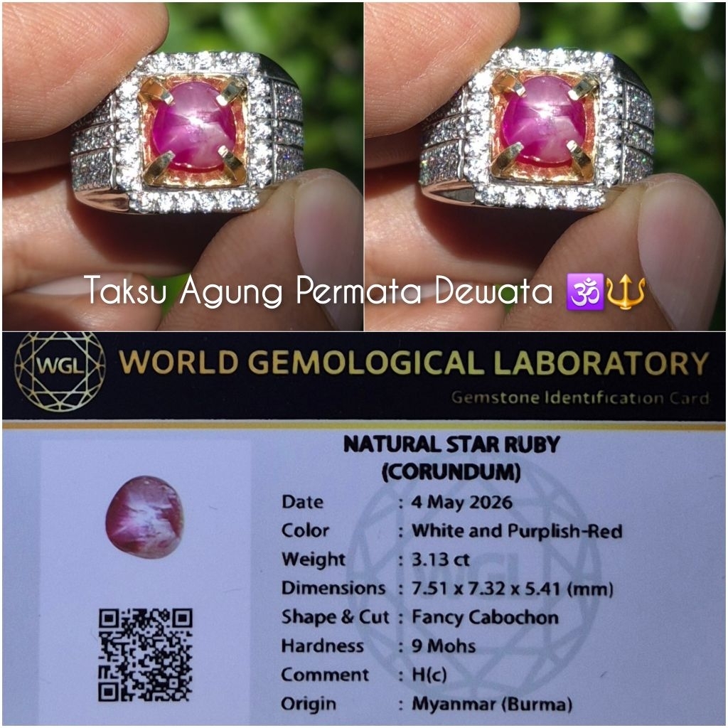 Natural Ruby star burma belang memo WGL lab  mirah windusara  3,13ada bangsing kresnadana dan blue s