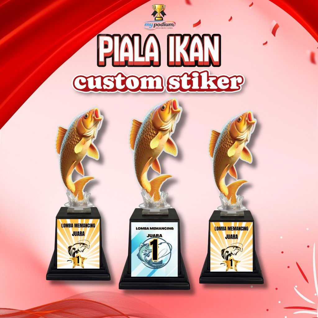 Piala Mancing Akrilik Motif Ikan Mas Sticker Custom Hadiah Lomba Mancing omba Ikan hias
