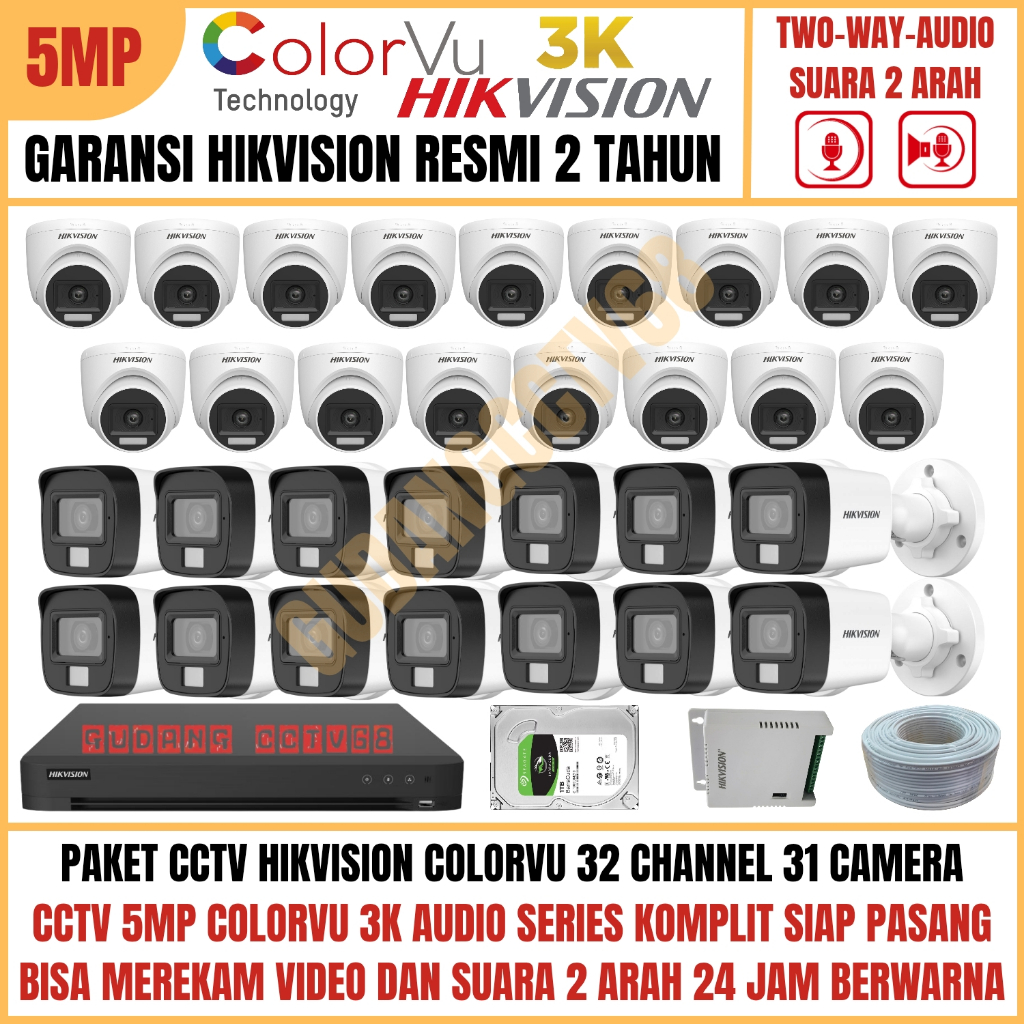 Paket CCTV HIKVISION COLORVU 32 Channel 31 Camera 5MP 3K Full Colour AUDIO TWO WAY Komunikasi 2 ARAH