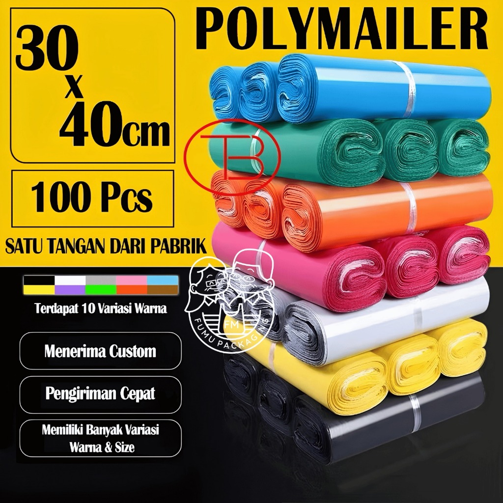 Fumu Plastik Packing Baju 30X40CM / Polymailer Olshop LDPE Glossy Isi 100Pcs Lem Perekat Murah Grosi