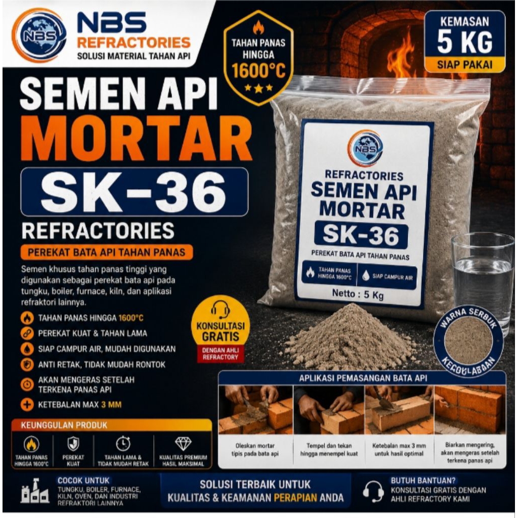 ‎SEMEN API MORTAR SK-36 – Refractory Mortar Tahan Panas 1650°C (Kemasan 5 Kg)