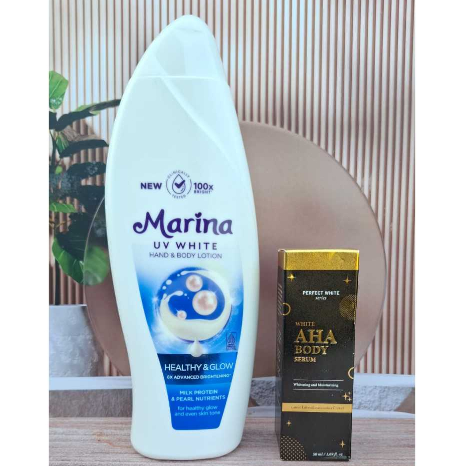 Paket viral TIKTOK pemutih badan BPOM Marina Uv White HEALTHY & GLOW 460ML & PW AHA body serum 50ML 
