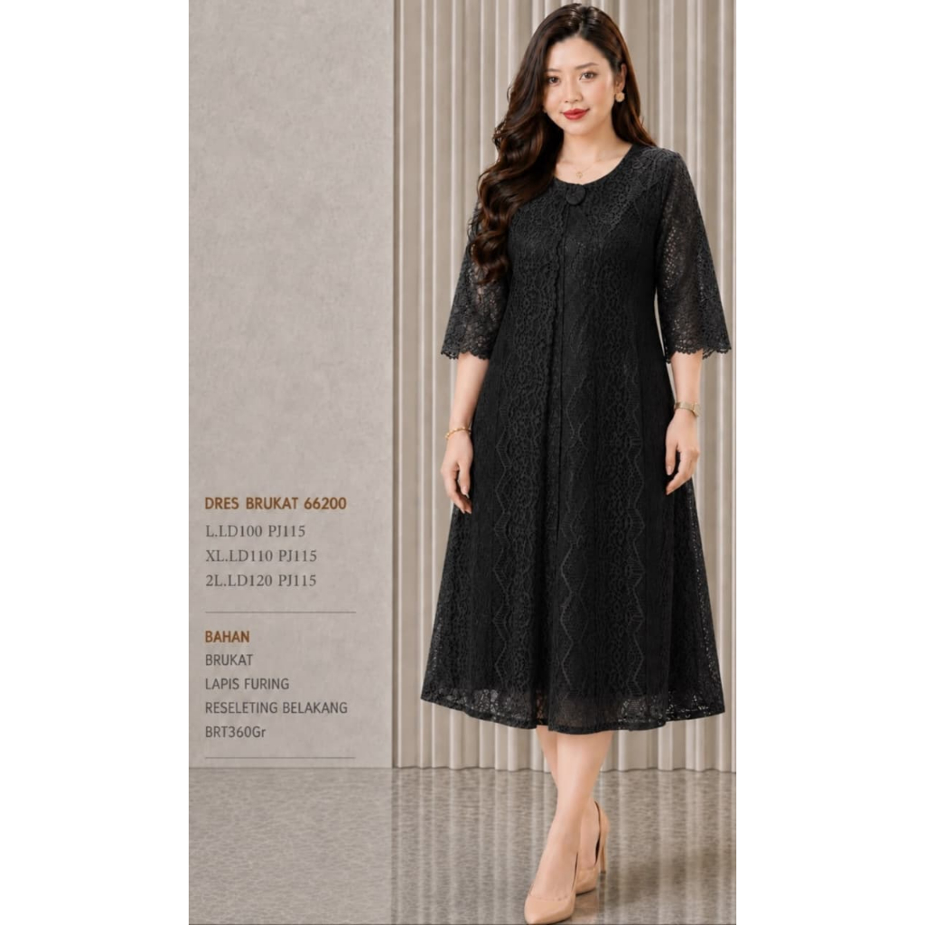 DRESS WANITA DEWASA 66200 HITAM BAHAN BROKAT BERLAPIS FURING TERSEDIA UKURAN STANDAR DAN JUMBO