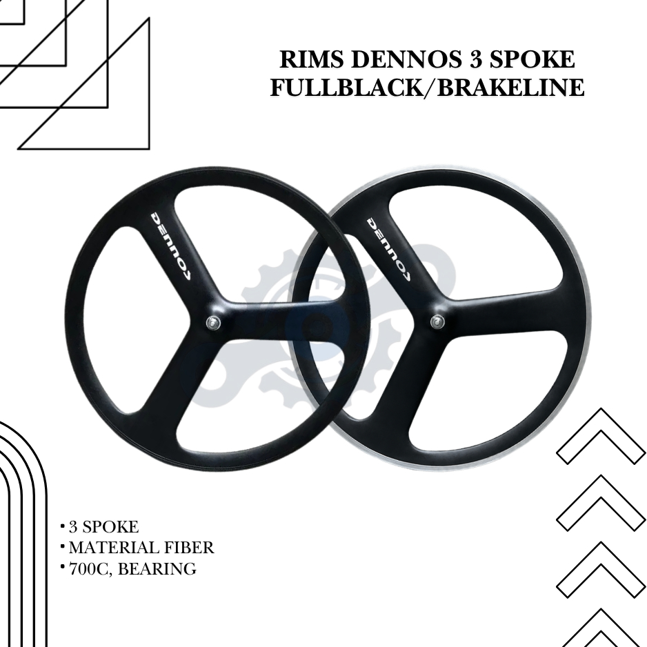Velg Rims Dennos 3 Spoke 700C Bagian Depan Front fullblack dan Brakeline