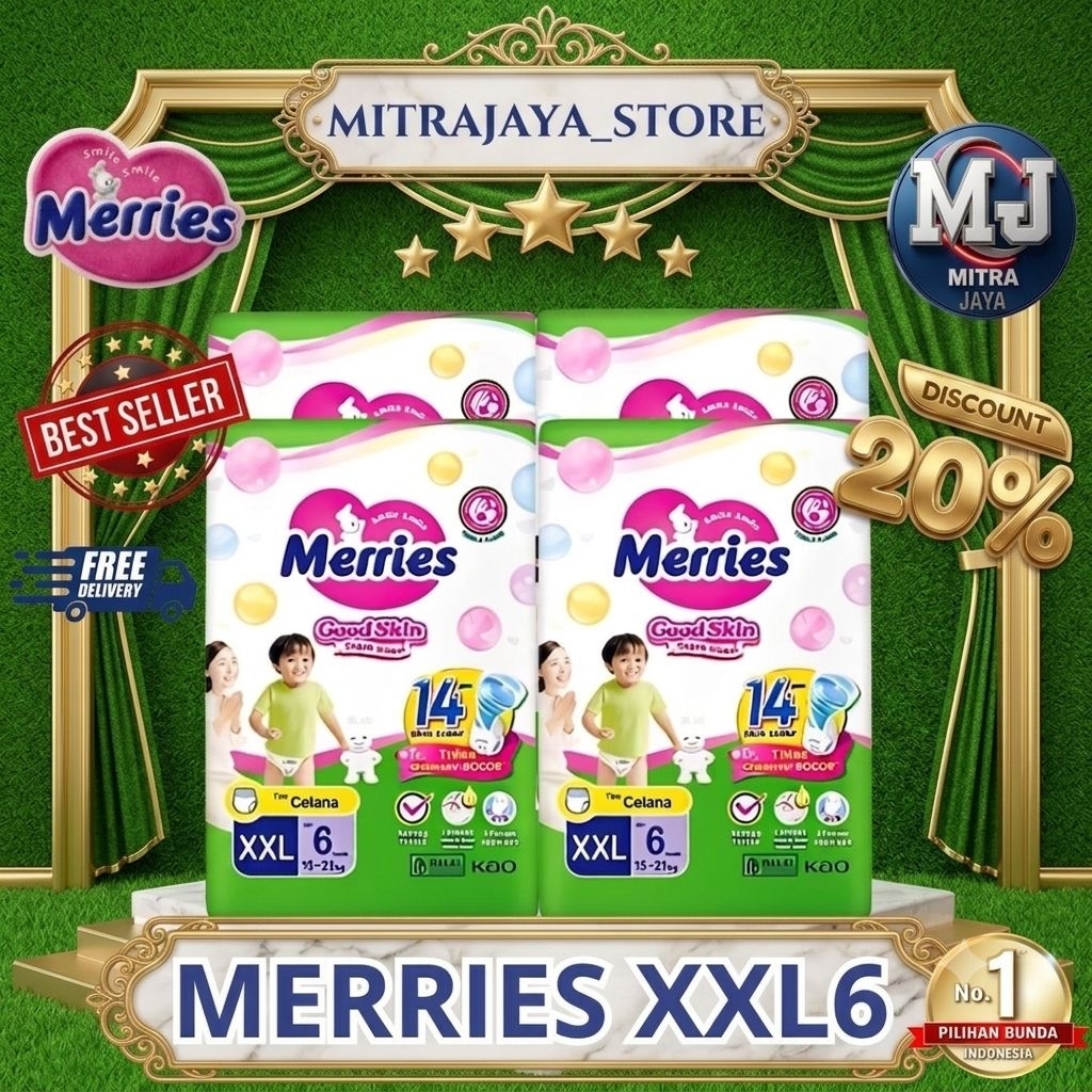 Popok Celana Merries Good Skin XXL6 , Lembut, Serap Tinggi, Cegah Iritasi